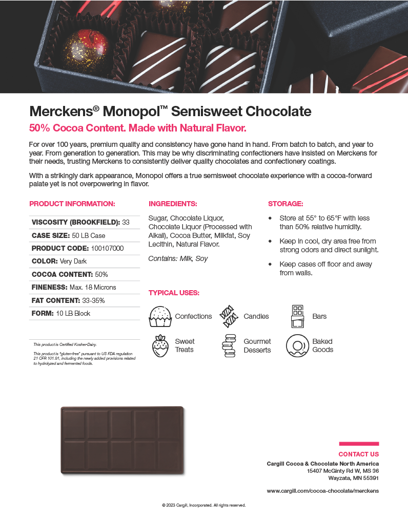 Merckens® Monopol Dutch 55% Cacao Semisweet Chocolate 50lb