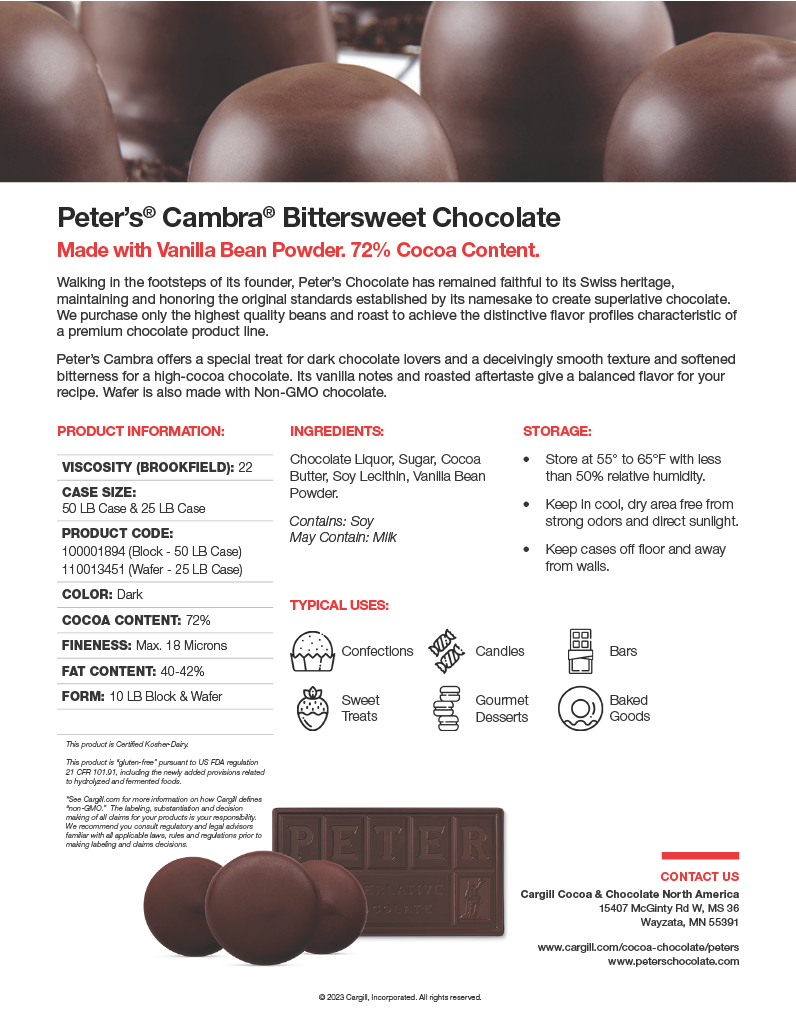 Peter's Cambra Bittersweet Chocolate NGM Wafer 22 (75 Viscosity) 25 lb CTN